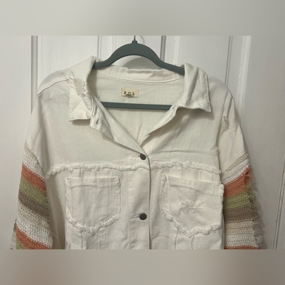 POL Crochet Sleeve White Boho Denim Relaxed Fit Lightweight Distressed Jacket - Picture 2 of 8